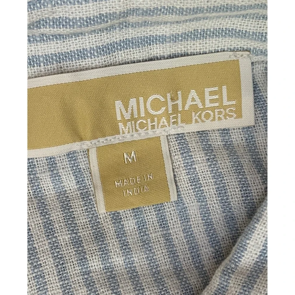 Michael Kors Blue White Striped Linen Blend Cinched Side Button Down Shirt‎ M